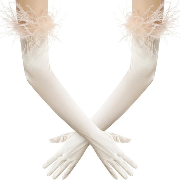 Long Satin Opera Gloves Champagne Feather Elbow Gloves for Formal Events - Picture 1 of 4
